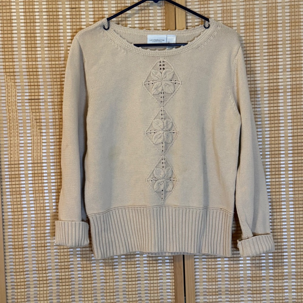 Liz‎ Claiborne Lizwear Jeans Tan Cotton Knit Floral Pointelle Sweater L Preppy